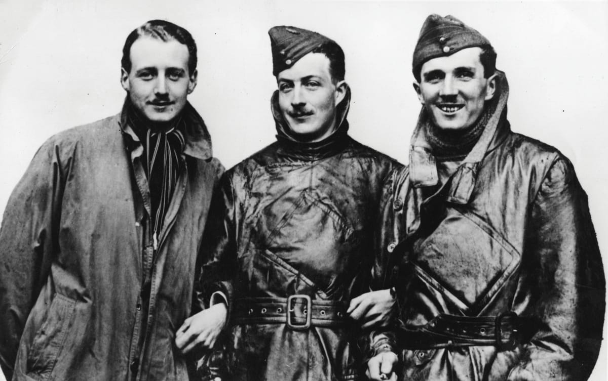 Flight Commander William Leefe Robinson of the Royal Flying Corps, Lieut. Wulstan Tempest and Lieut. Frederick Sowrey. In 1916, Robinson became the first pilot to bring down a German zeppelin over British soil.