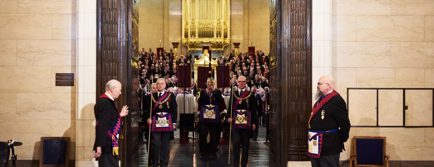 Companions of the Royal Arch leaving the Grand Temple after a ceremony at Freemasons Hall in London