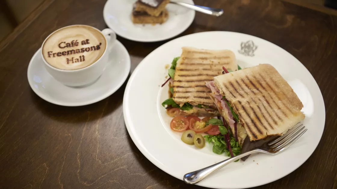 Coffee and panino of The Café and Bar at Freemasons’ Hall in London