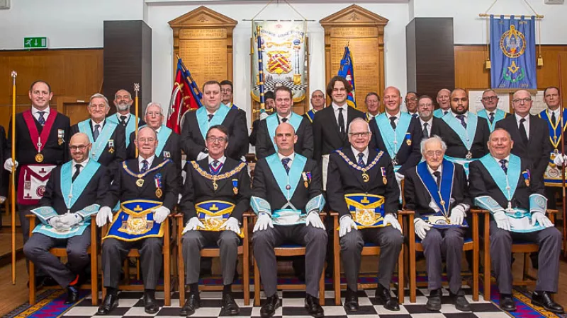 150th Anniversary meeting of Langthorne Lodge with Paul Tarrant (centre left), Adrian Lister (centre) and Nick Franklin (centre right)