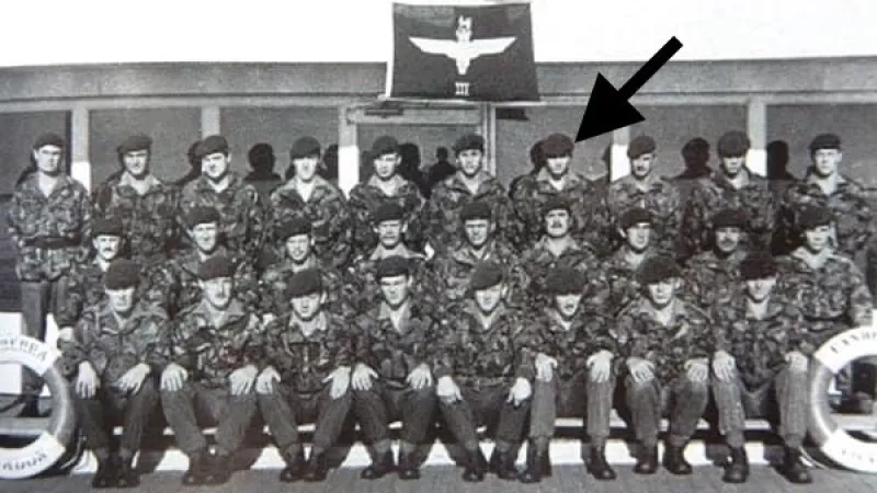 Mark Eyles-Thomas with his comrades on the SS Canberra.