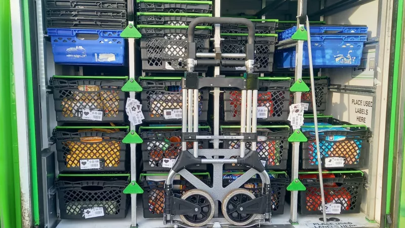 The image is of the donated food in the back of a refrigerated van ready to be unloaded.