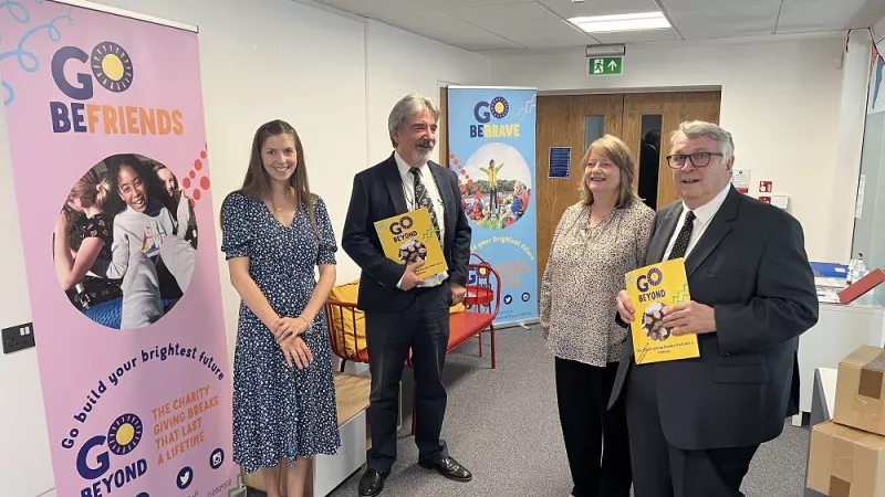 Kat Kelly (Marketing Manager “Go Beyond”), Reuben Ayres (Devonshire Charity Steward), Sarah Harrison (Director of Operations “Go Beyond”), Ian Kingsbury (Provincial Grand Master of Devonshire).