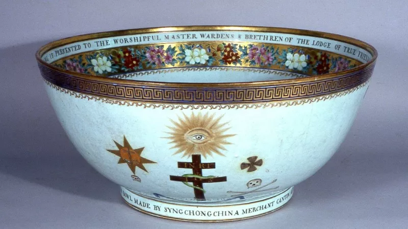 A punchbowl from 1813 is in a collection at Museum of Freemasonry