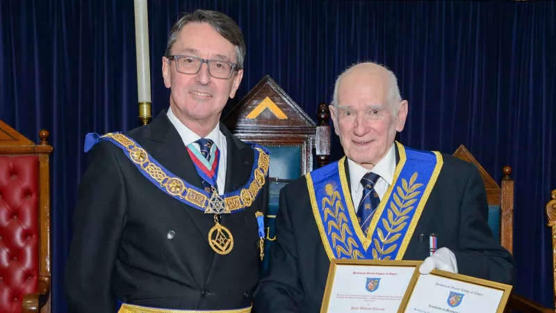 Essex Freemason Michael Withams receiving his 60-year certificate