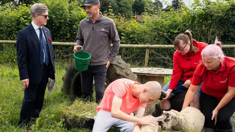 James Newman, the Head Freemason in Yorkshire, West Riding discusses the impact of the Freemasons’ grant with John Gray, Head of the Whirlow Farm Trust’s Education and Development while members of the Farm’s support team and a client demonstrate some of the Farm’s activities