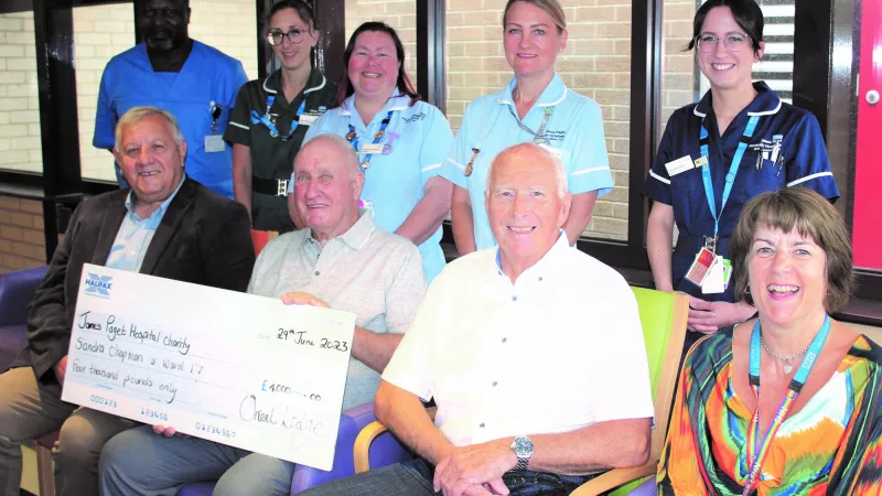 Lodge members with staff at the Sandra Chapman Centre, James Paget Hospital
