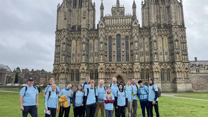 Duke of Edinburgh award scheme leads and Somerset Freemasons outside Wells Cathedral 