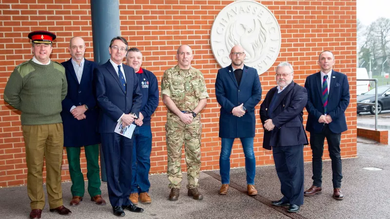 Outside the centre - L-R Lt Col. Ed Rankin, Steve Harris, Paul Tarrant, Nigel Seaman, Maj. Colin Peall, Dave Hawtin, Chris Hicks and Simon Ferrier