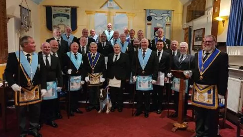 Devonshire Freemasons from Lodge of Prudence with assistant dog from Veterans With Dogs