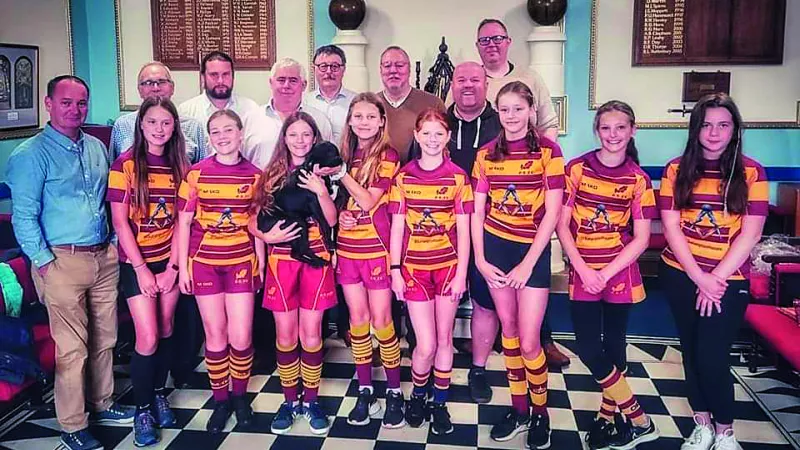 Okenhampton Girls Rugby Team with new kit provided by local Freemasons 