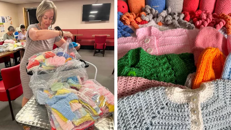 Sue Leech showing knitted octopus comforters, clothes and bonnets