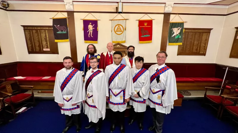 New members of Royal Arch Freemasonry, pictured in their Exaltation regalia