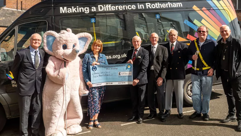 From Left to Right: Chris Allen, Assistant Provincial Grand Master; Ellie, Sheffield Royal Society for the Blind and Rotherham Sight & Sound Mascot; Joanne Arden, Chief Executive Officer, Rotherham Sight & Sound; Duncan R Kilbride, Chairman, West Riding Masonic Charities Ltd; Stuart Sigger, Worshipful Master, Sandbeck Lodge; Geoff Simmonite, Charity Steward, Sandbeck Lodge; Paul Bailey, Rotherham Sight & Sound Client; Steve Loane, Rotherham Sight & Sound Fundraising Manager. 