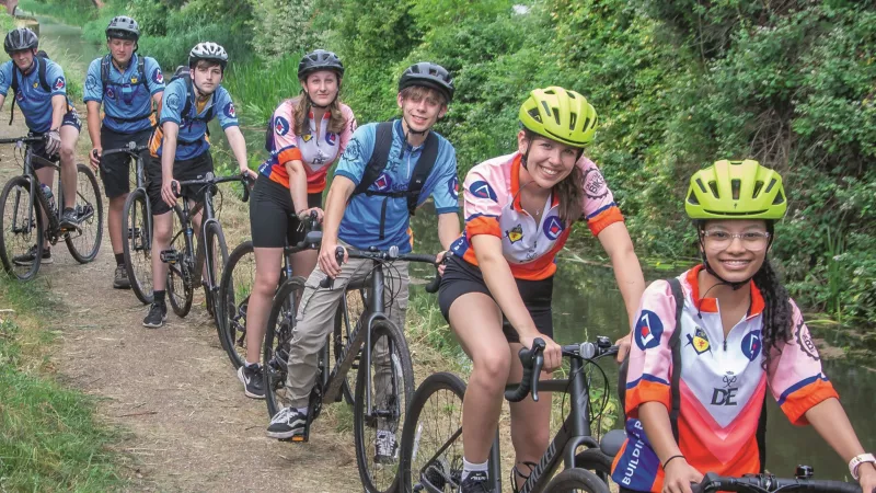 Duke of Edinburgh scheme students riding their bikes on a trail in Somerset. 