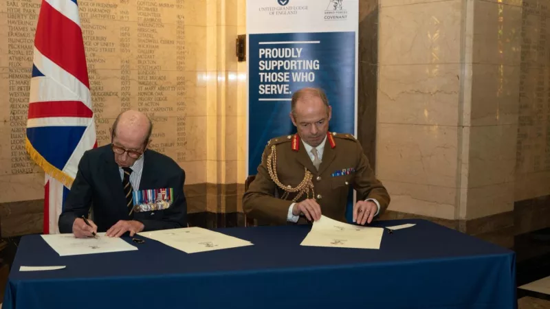 HRH The Duke of Kent and Major General Simon Graham signing the Armed Forces Covenant