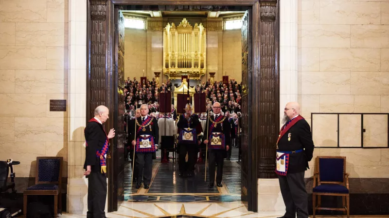 Companions of the Royal Arch leaving the Grand Temple after a ceremony at Freemasons Hall in London