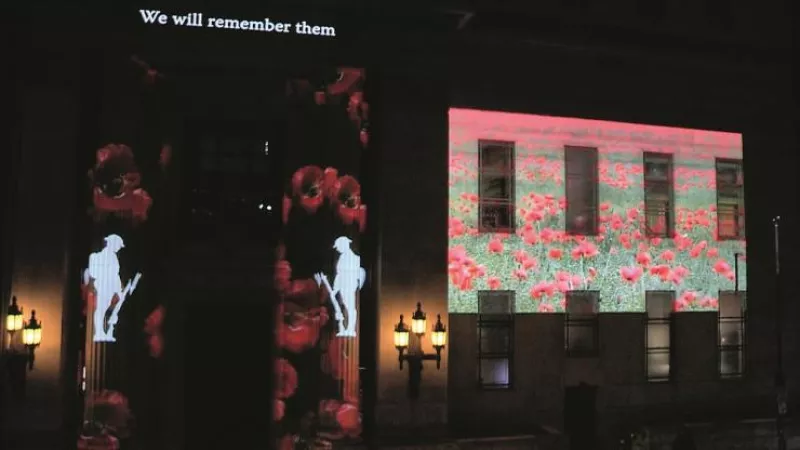 Freemasons honour the fallen in a spectacular display of remembrance images projected onto Freemasons’ Hall