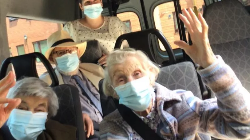 Residents from RMBI Home Cadogan Court, in Exeter, share their excitement on the Home’s mini bus moments before visiting the local garden centre, following new government guidance to allow care home residents to visit outdoor public places without self-isolating when they return to their care homes.