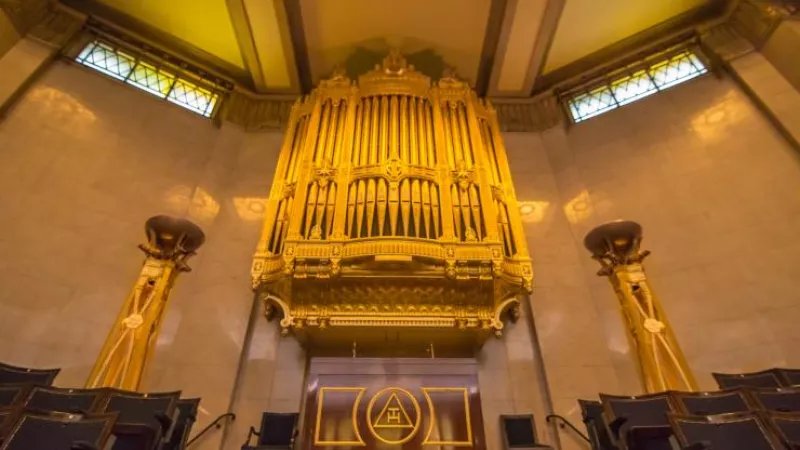 The magnificent Willis pipe Organ, which resides in the Grand Temple of Freemasons' Hall in London
