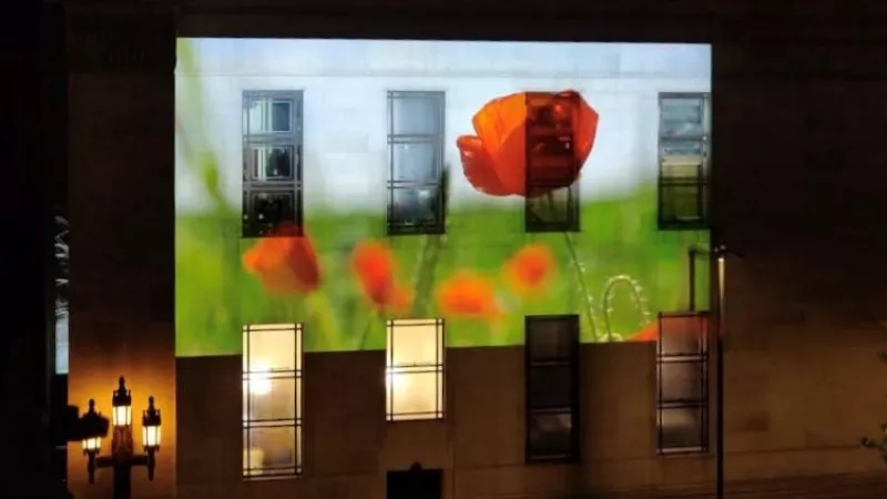 Projection on the side of Freemasons' Hall in London dedicated to the Armistice Day and Remembrance Sunday