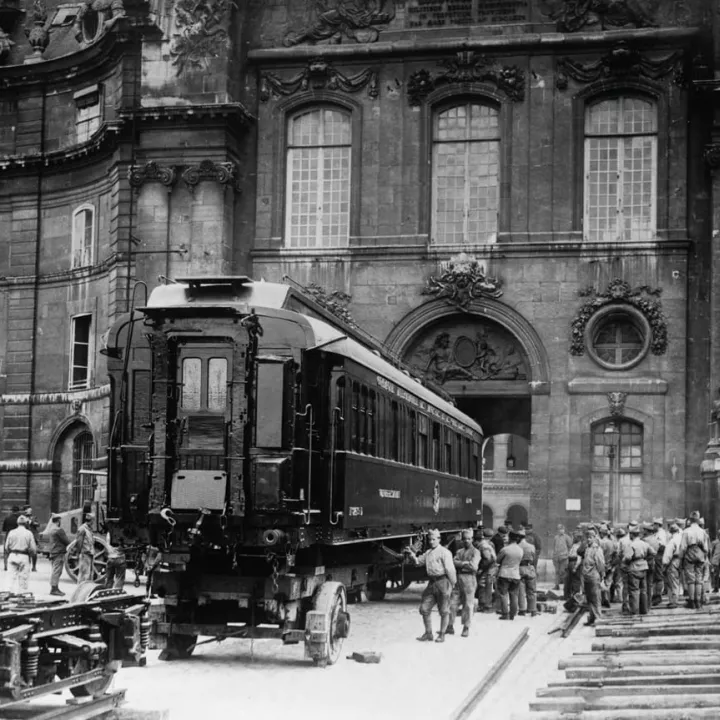 The Armistice Carriage in which the Armistice was signed on 11 November 1918, being presented to Germany in 1921