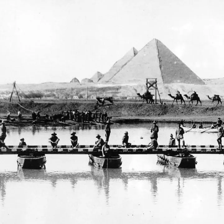 Building a bridge over a river near the pyramids in Egypt, c.1916