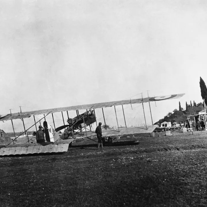 British Bi-Plane prepares for takeoff, Corfu, Greece c.1917