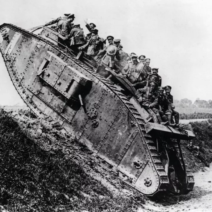 British Mark IV tank with Canadian soldiers.