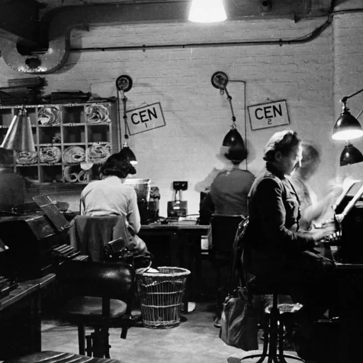 A group of women form a typing pool for war correspondents