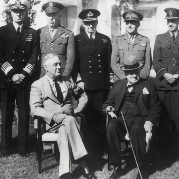 Conference affirming that Allies would fight the Axis powers until unconditional surrender: President Franklin D. Roosevelt; PM Winston Churchill; Lt. General Henry “Hap” Arnold; Admiral Ernest King; General George C. Marshal; Admiral Sir Dudley Pound; General Sir Alanbrooke; Air Marshal Sir Charles Portal, c.1943
