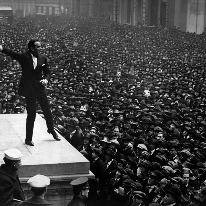 Speaking in front of the Subtreasury Building in New York City to aid the third Liberty Loan bond, April 1918