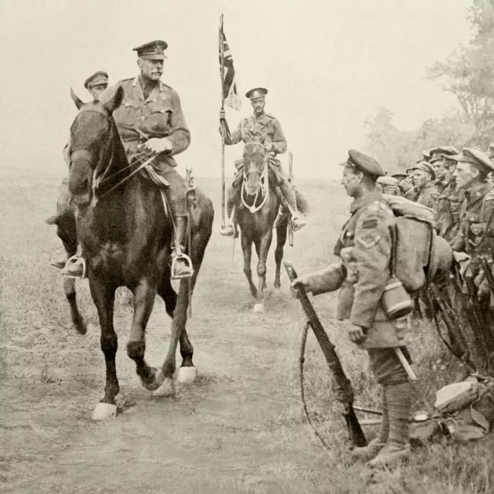 Haig reviewing Canadian troops following their success in breaking through the German line at Drocourt-Quentin, 31 August 1918