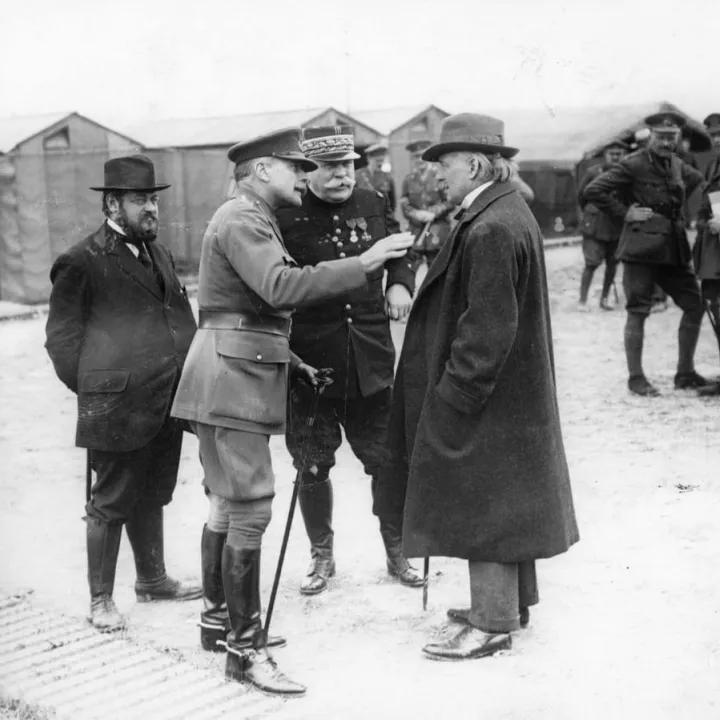 Haig with Prime Minister David Lloyd-George and General Joffre at the 14th Army Corps headquarters at Meaulte, France, 12 September 1916