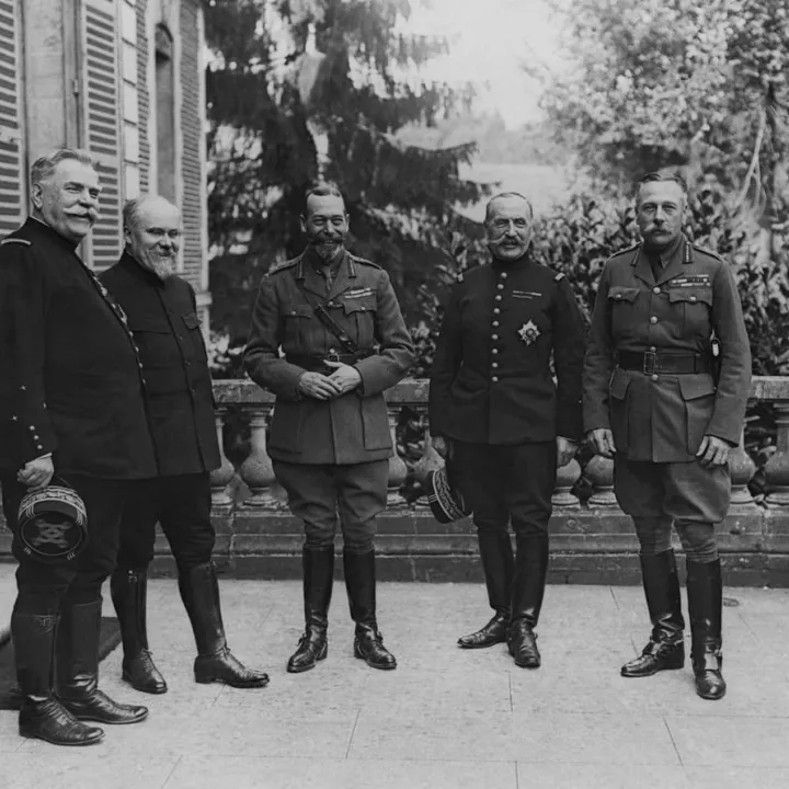Haig with King George V, French President Raymond Poincare, General Joseph Joffre, and General Ferdinand Foch on the balustraded terrace of Haig’s headquarters at Beauquesne, France, 12 August 1916