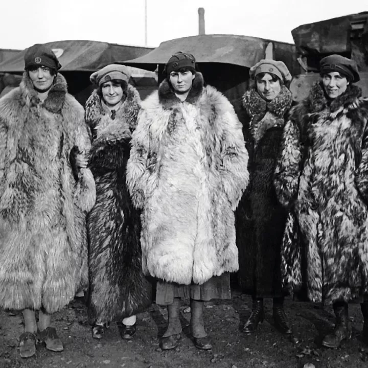 Women of the First Aid Nursing Yeomanry Corps in their fur coats, c.1915