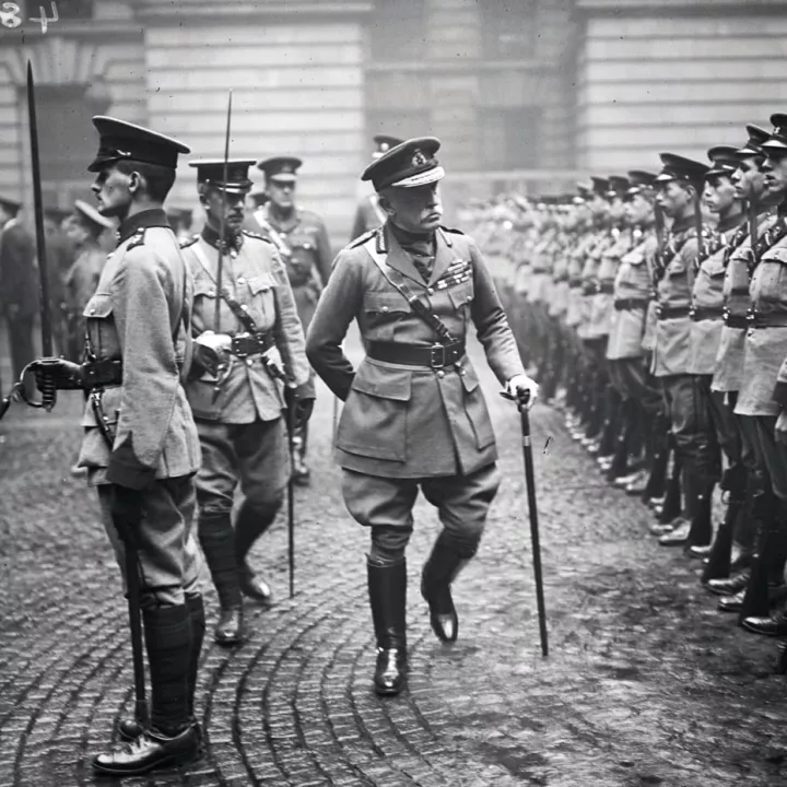 General John Denton Pinkstone French reviews a line of cadets before presenting them with medals, 17 October 1916
