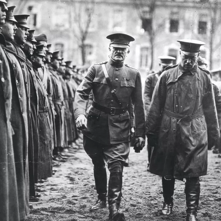 General Pershing inspects troops in Brest, France, c.1918