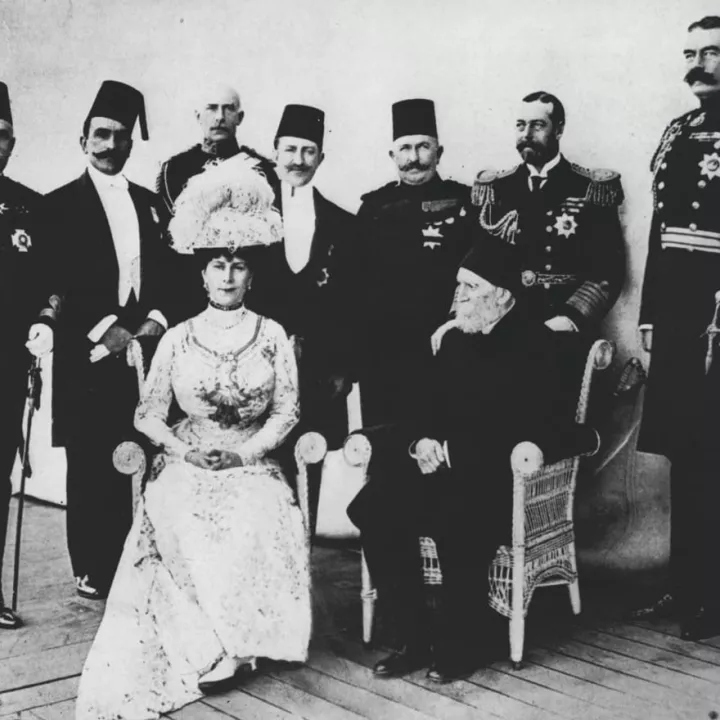 Kitchener with King George V, Queen Mary, HH Prince Mohamed Ali Pasha and General Sir Francis Reginald Wingate at Port Said, Egypt, c.1912