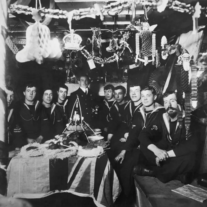 Soldiers on Royal Naval destroyer HMS Mermaid preparing Christmas dinner, c.1916