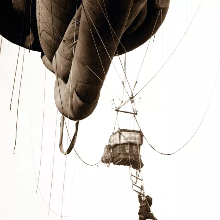 Aerial Naval observer coming down from balloon after a scouting tour, c.1918