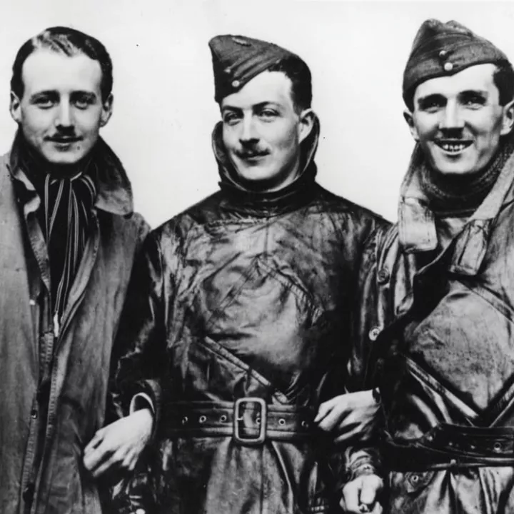 Flight Commander William Leefe Robinson of the Royal Flying Corps, Lieut. Wulstan Tempest and Lieut. Frederick Sowrey. In 1916, Robinson became the first pilot to bring down a German zeppelin over British soil.