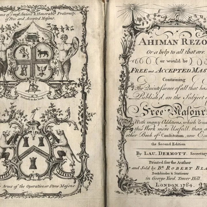 Ahiman Rezon frontispiece in 1764 at Museum of Freemasonry in London