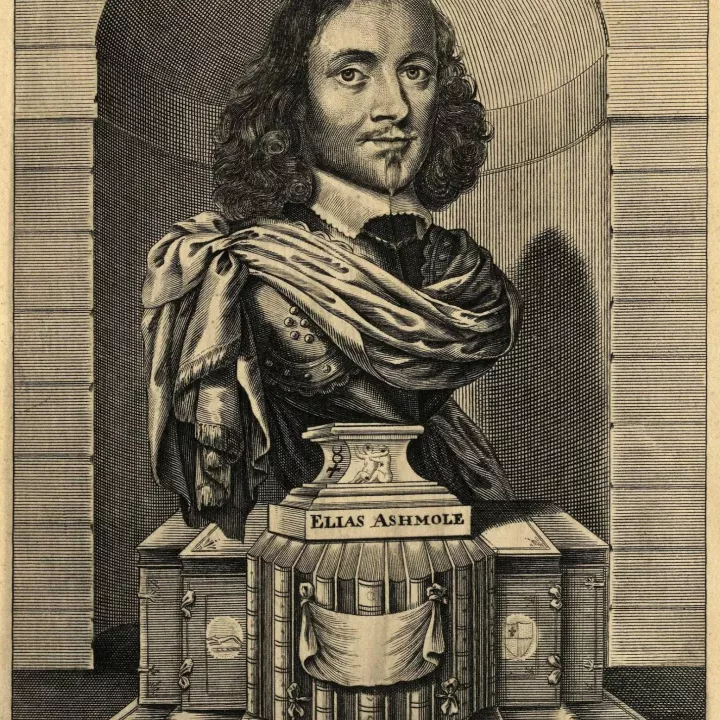 Engraving of a bust of Elias Ashmole, 1656 at Museum of Freemasonry London