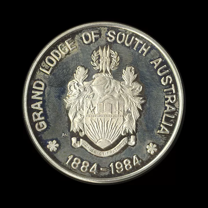 Grand Lodge of South Australia centenary coin in1984 at Museum of Freemasonry in London
